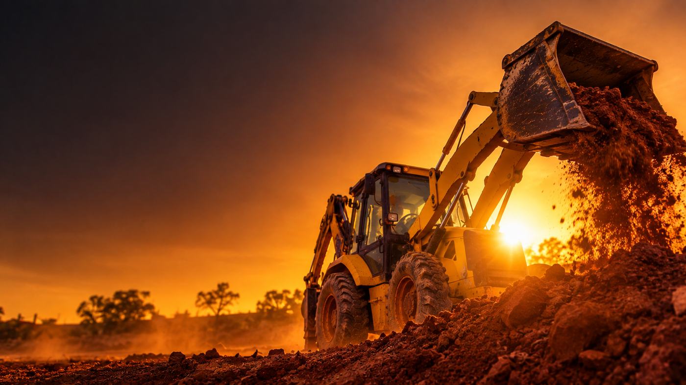 Retroescavadeira despejando terra ao pôr do sol em um canteiro de obras